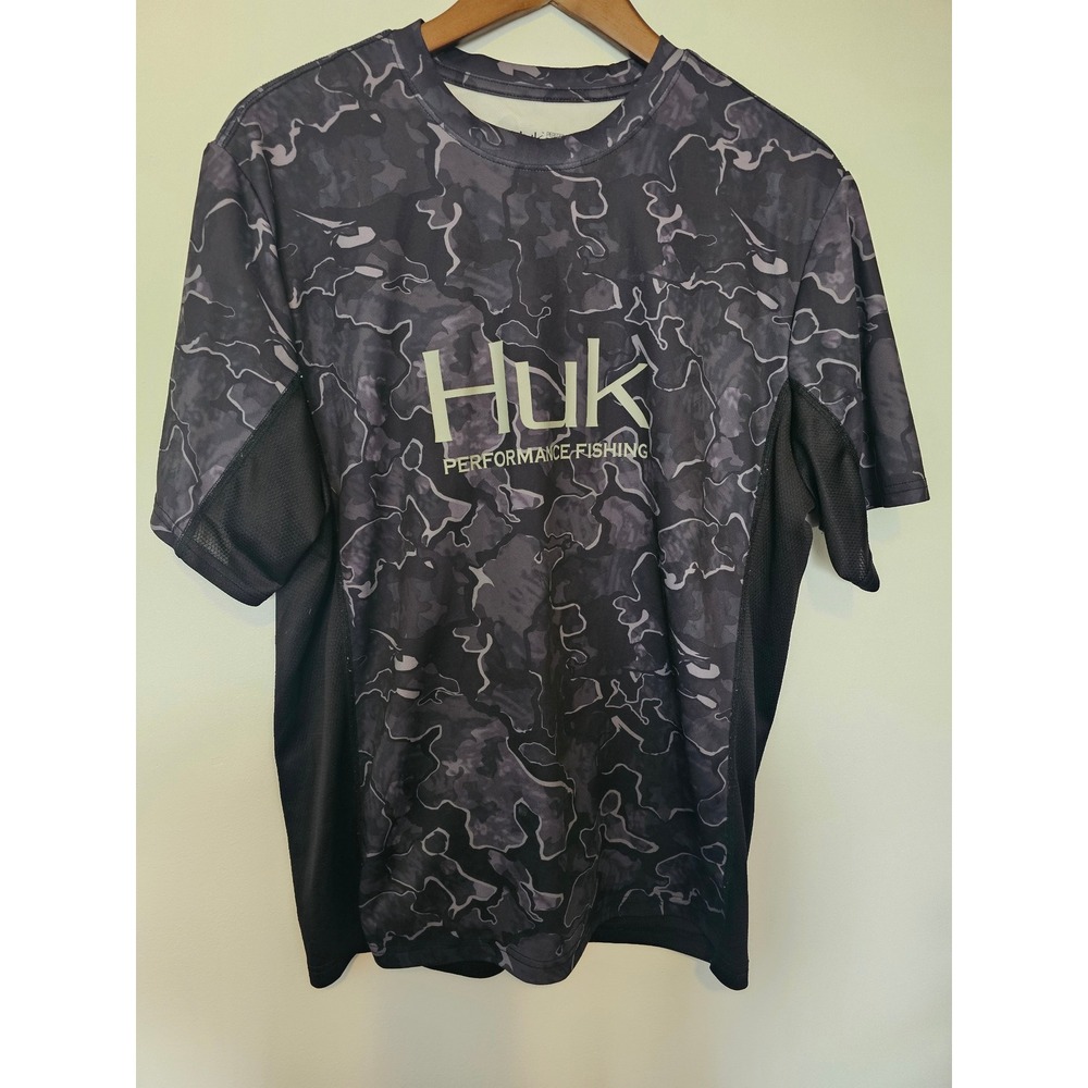 [Outdoor] Huk Performance Fishing Shirt Mens Large Black Camo Mesh Short Sleeve